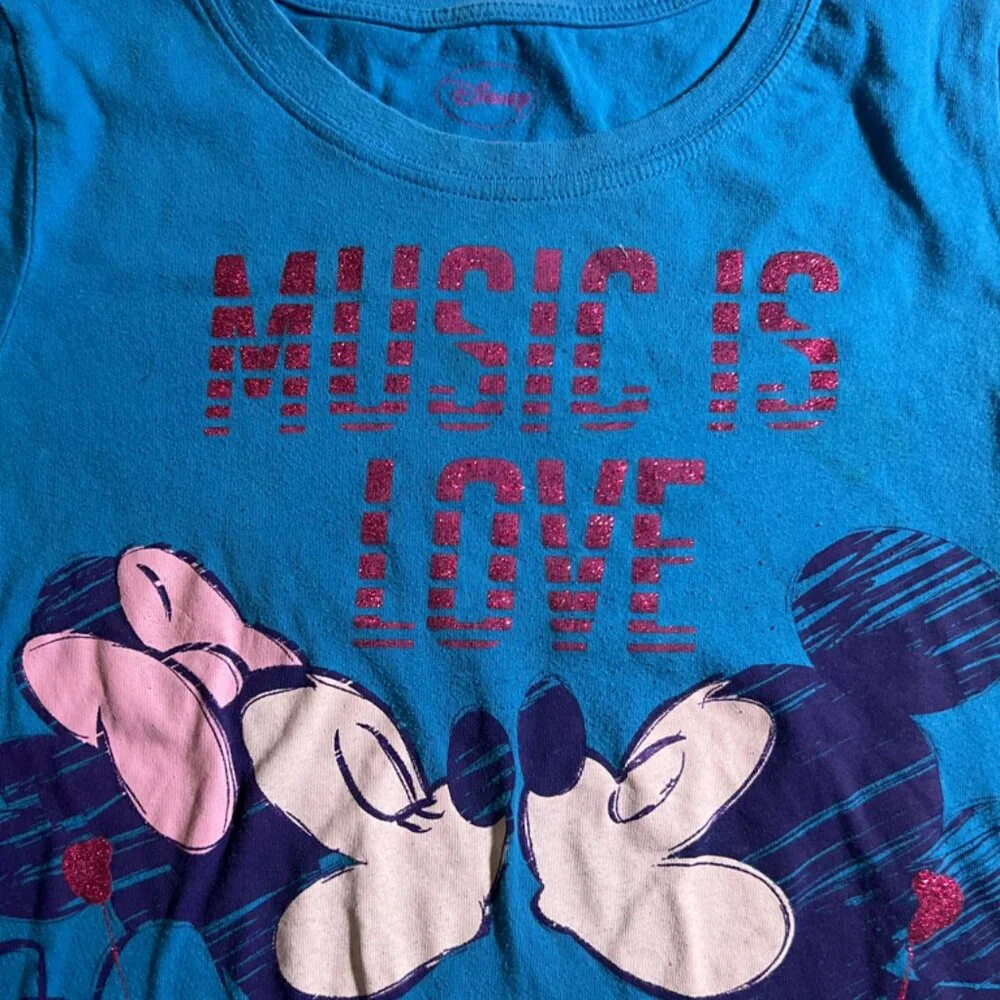 Disney Girls XL 14/16 Blue‎ Pink Minnie Mickey Mouse Music is Love Heart T-Shirt